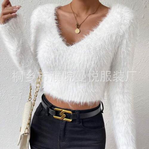 V-neck plush short women's sweater