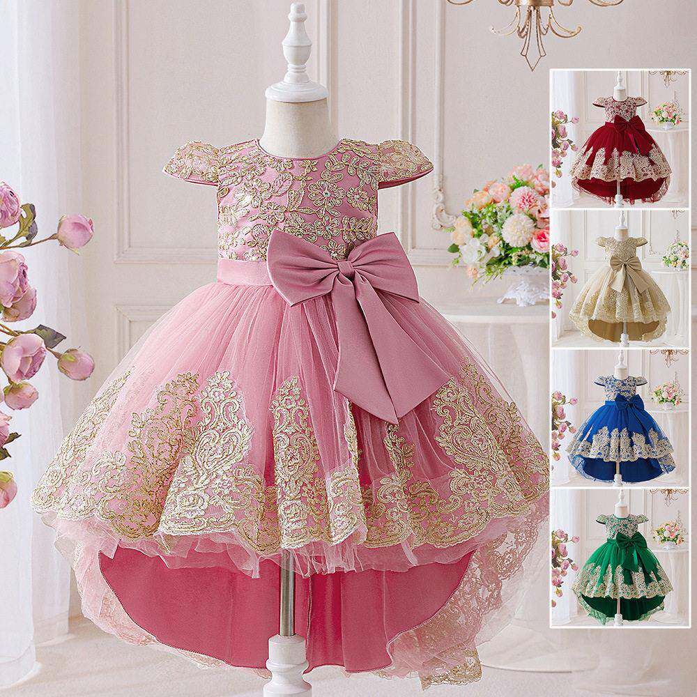big bow kids clothes sequins embroidered pink flower girl