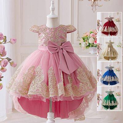 embroidered maroon kids clothes bow 6068 flower girls frock