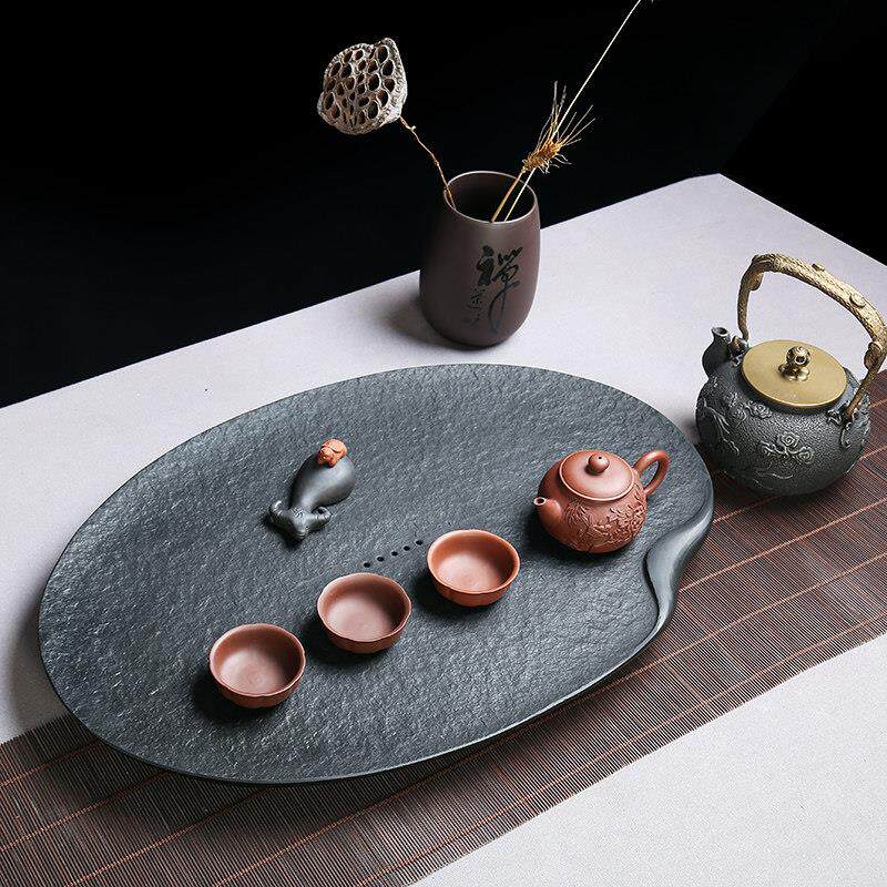 圆形桌面天然乌金石茶盘简约石头茶台茶海茶托 托家用排沥水干 干