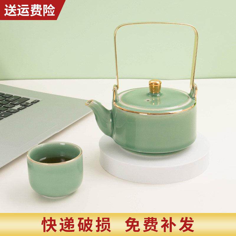 陶瓷简约提梁壶茶具茶杯套装清新一壶四杯家用大容量泡茶壶带托盘