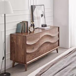 北美黑胡桃木斗柜现代简约实木9斗柜樱桃木卧室床尾波浪纹储物柜