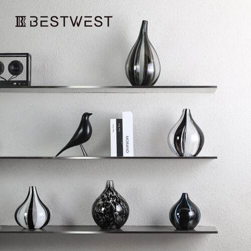 Best west 黑白水墨高档大肚小口玻璃花器 家居软装饰品客厅花瓶