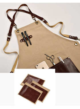 牛皮皮革口袋工作围裙棉复古防水围裙高档咖啡店工匠围裙帆布围裙