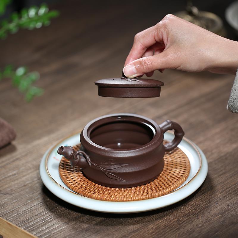 宜兴原矿紫泥名家紫壶砂全手工贴叶段泡ZD-H1447茶壶直竹播