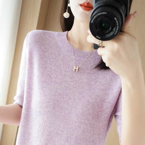 Knitted short sleeved women's round neck base knitted