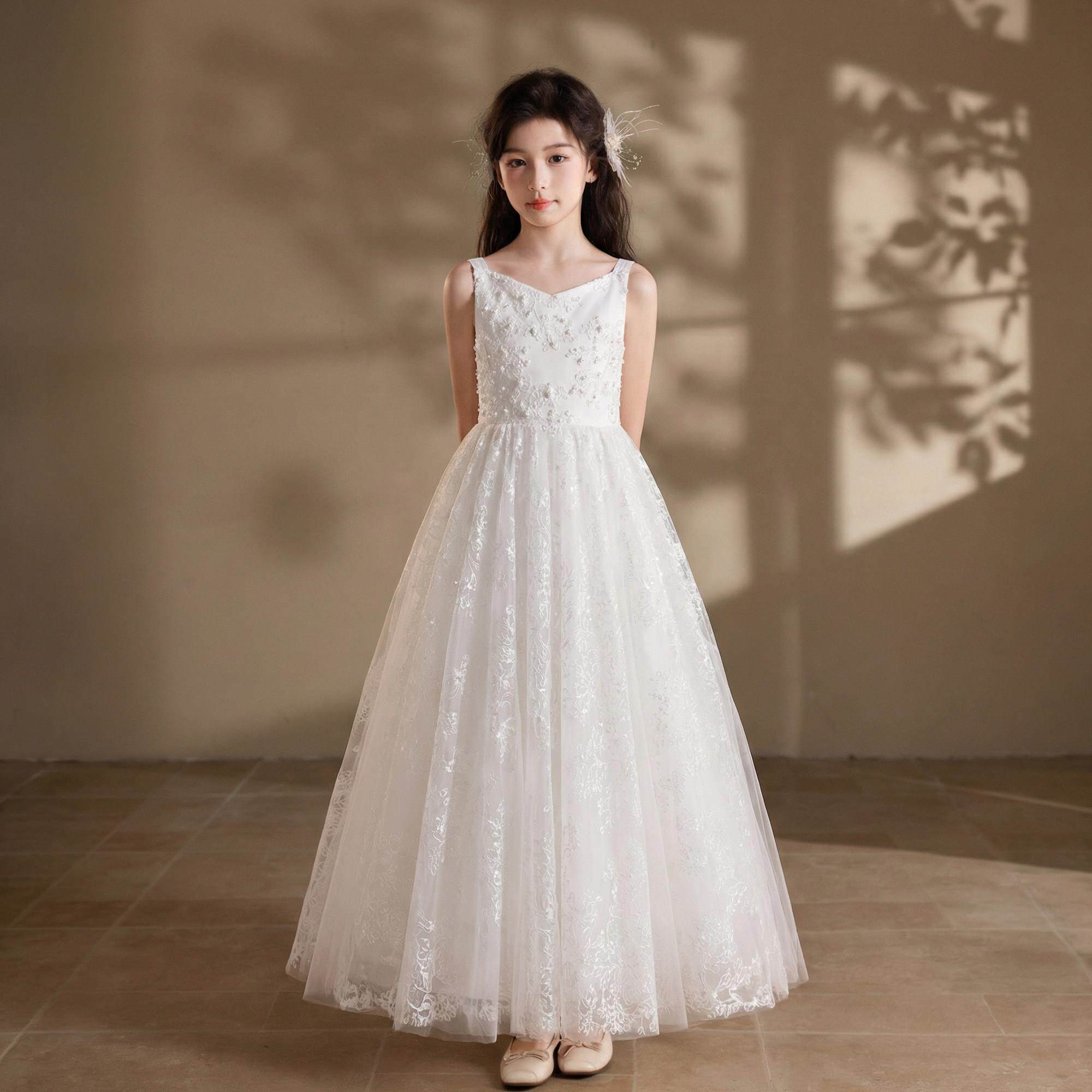 中国风儿童演出服民族乐器古筝女童演奏新中式旗袍白色古风礼服夏