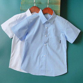 男童短袖白衬衫纯棉尖领袋儿童，表演服夏季中大童，学生校服蓝色衬衣
