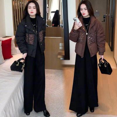 欧洲站时尚豹纹拼接羽绒棉服女2025冬宽松显瘦保暖面包服棉袄外套