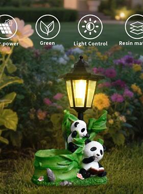 跨境户外创意可爱熊猫雕塑太阳能灯仿真树脂动物花园庭院别墅装饰