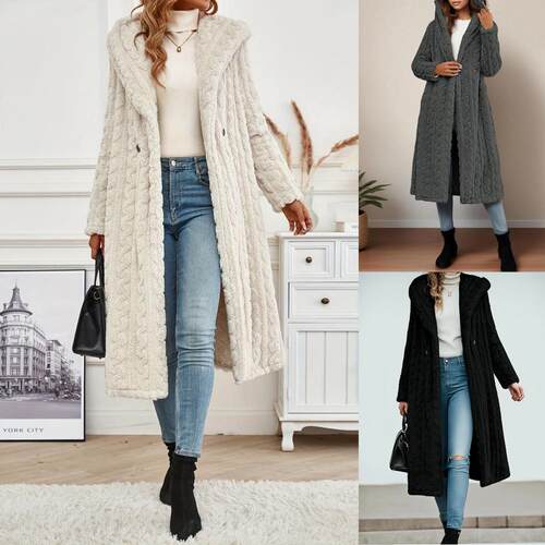Women's Fall Winter New Hooded Coat Long Knit Soft Plush
