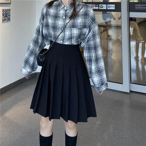 百褶裙女夏季中长版高腰a字裙大尺码胖mm显瘦学生防走光蓬蓬半身