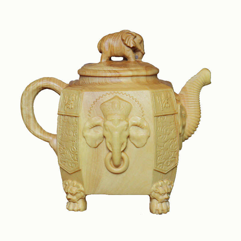 小叶黄杨木雕象头神壶手把件象鼻财神茶壶摆设木质茶宠工艺品批发