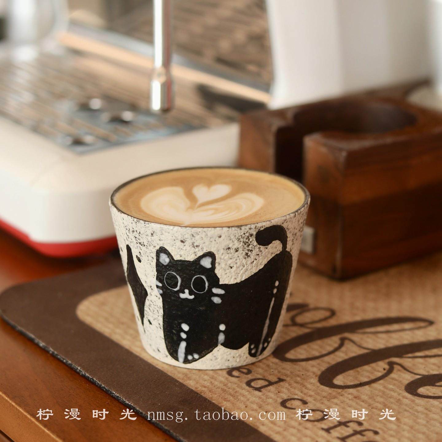 复古景德镇脏脏杯粉饮紫砂手绘黑猫猪口杯咖啡拉花杯拿铁杯茶杯
