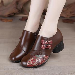 风妈妈粗跟新复古中年牛老皮鞋 正品 皮民族鞋 女真款 印花春秋女 单鞋