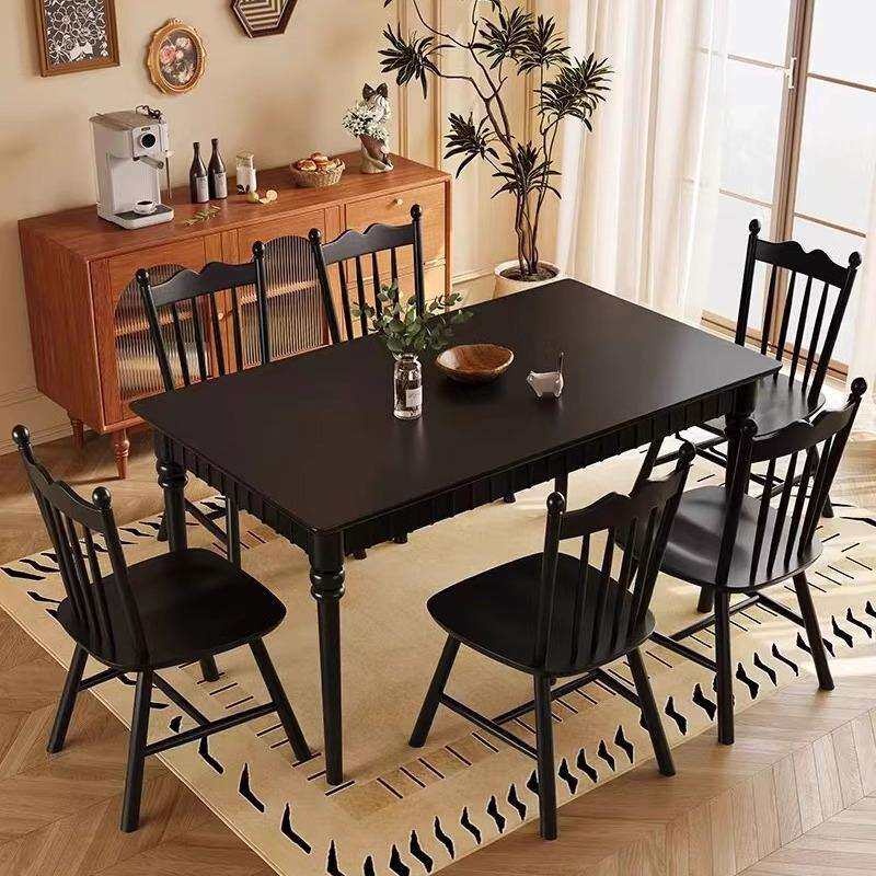 法式复古风全实木餐桌椅组合长方形家用小户型2026新款美式黑色款