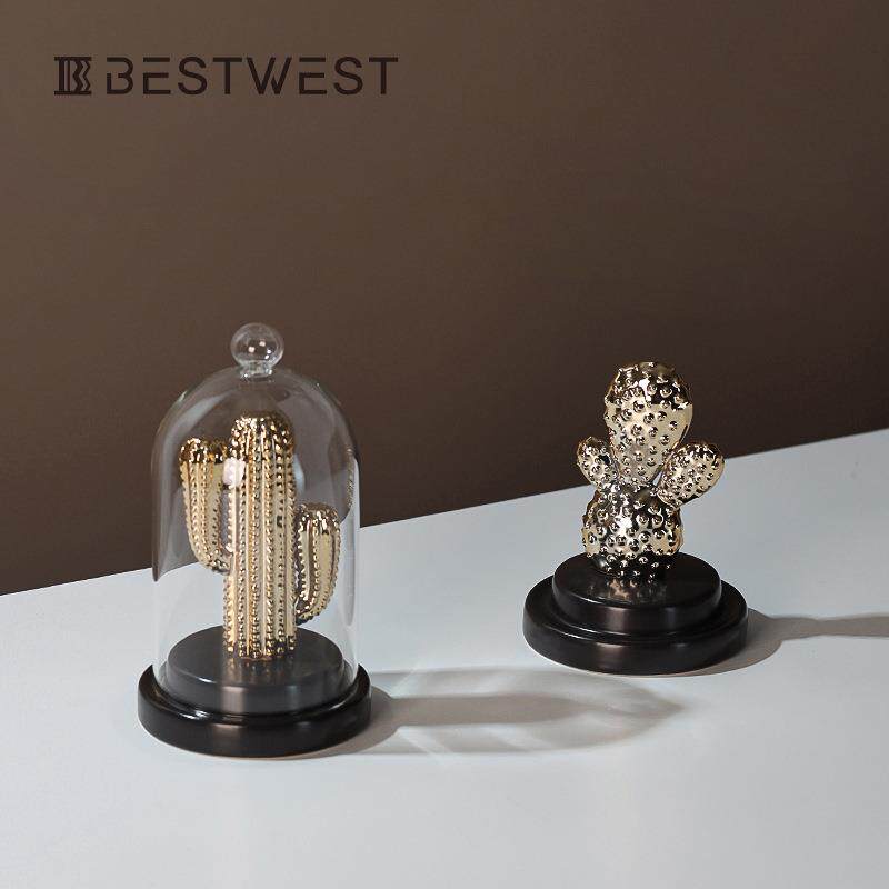 Bestwest创意轻奢金色仙人掌玻璃罩陶瓷摆件家居软装房间装饰品