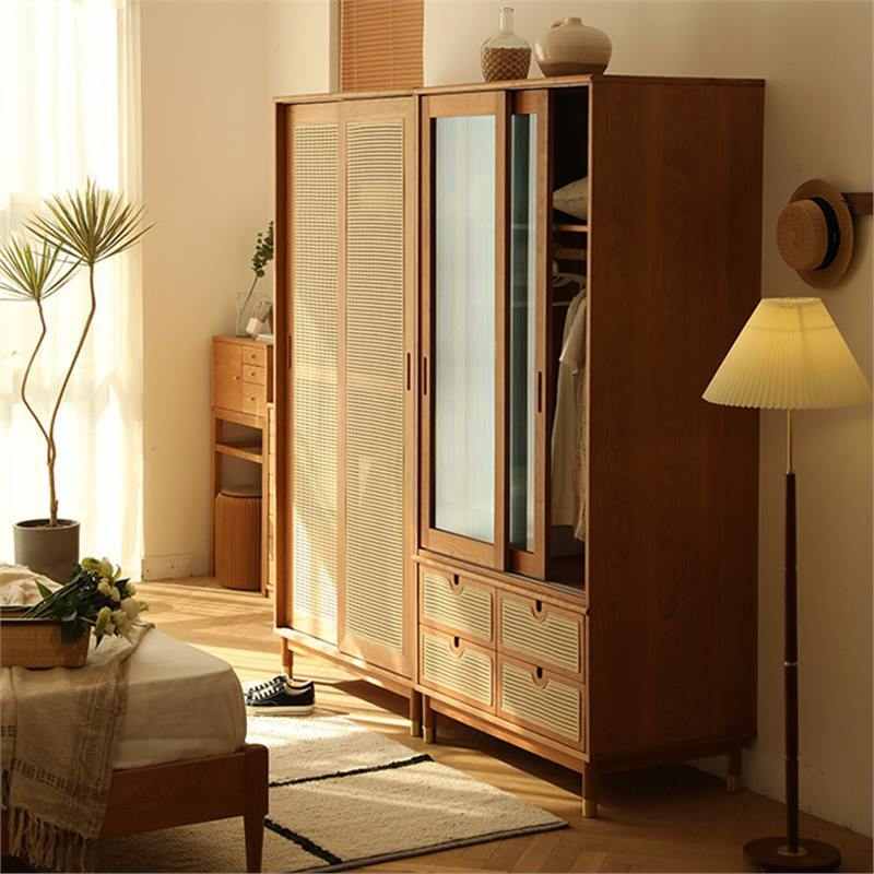 北欧实木衣柜 家用卧室藤编推拉门衣柜 小户型民宿多功能储物柜