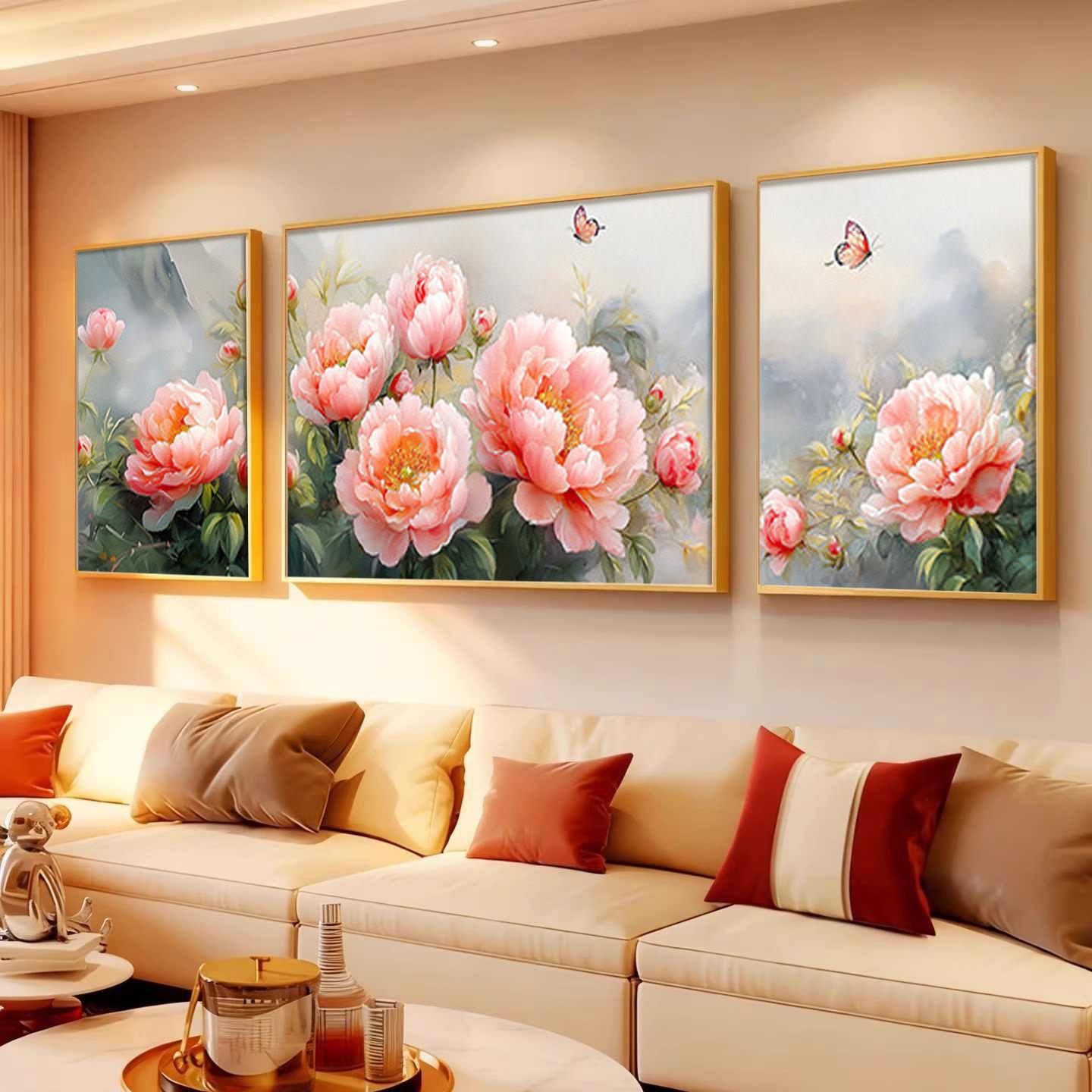 新中式组合牡丹花大气背景墙挂画艺术高级感三联画富贵轻奢装饰画