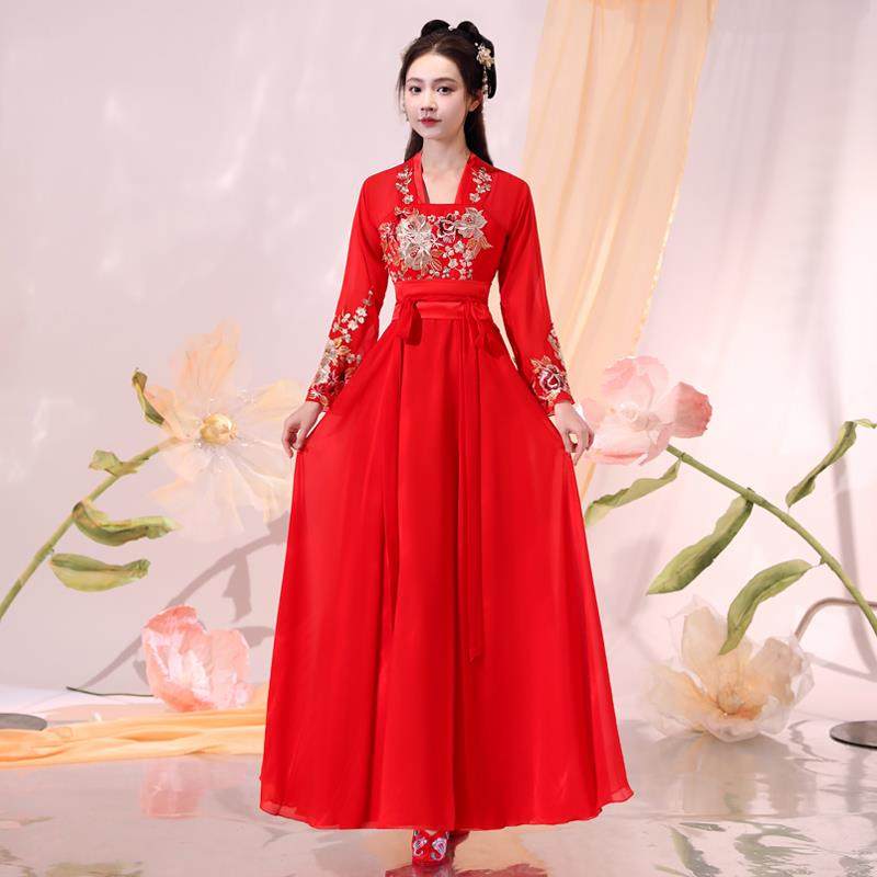 高档色汉红演服女古仙气飘逸古风齐腰成人改良装超仙广袖古典舞蹈