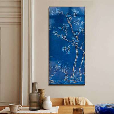 新中式“宫廷蓝雀”古典感孔雀装饰画玄关客厅入户门中古挂画