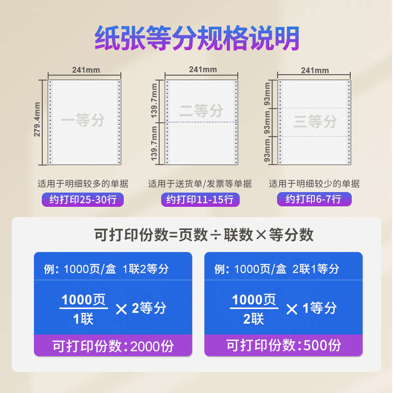 241-1加厚全白色针式电脑打印纸一联二等分单层单联二联三联三等