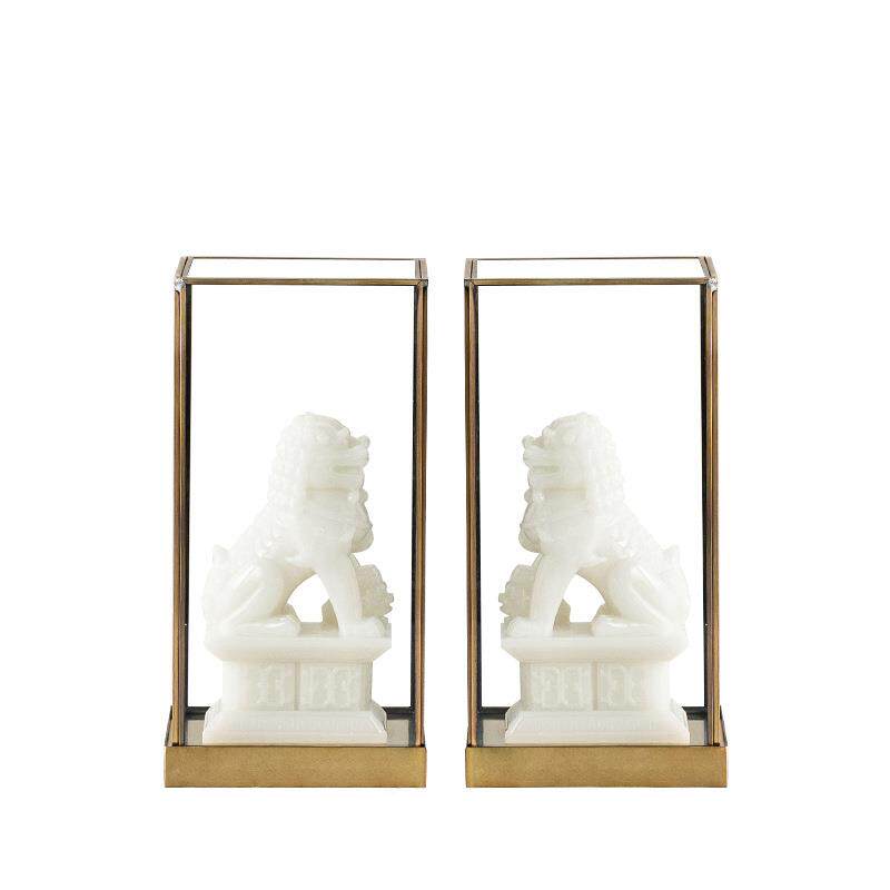 新中式金属玻璃罩玉石狮子麒麟摆件书房电视柜桌面软装饰品