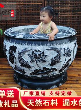 彷古青石鱼缸门海可定制 曲阳石雕荷花石盆 新中式庭院青石水缸石