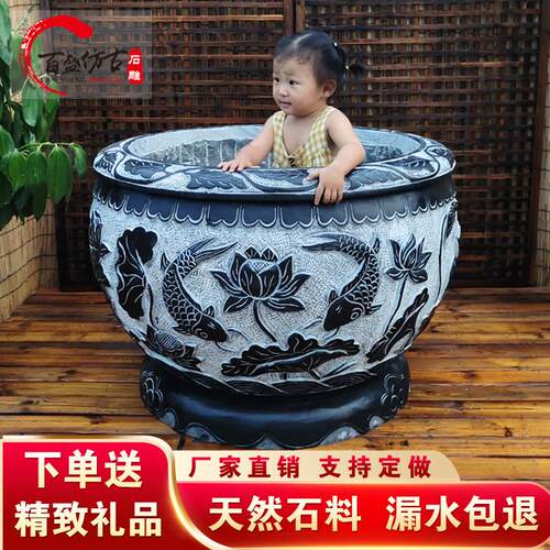 彷古青石鱼缸门海可定制 曲阳石雕荷花石盆 新中式庭院青石水缸石