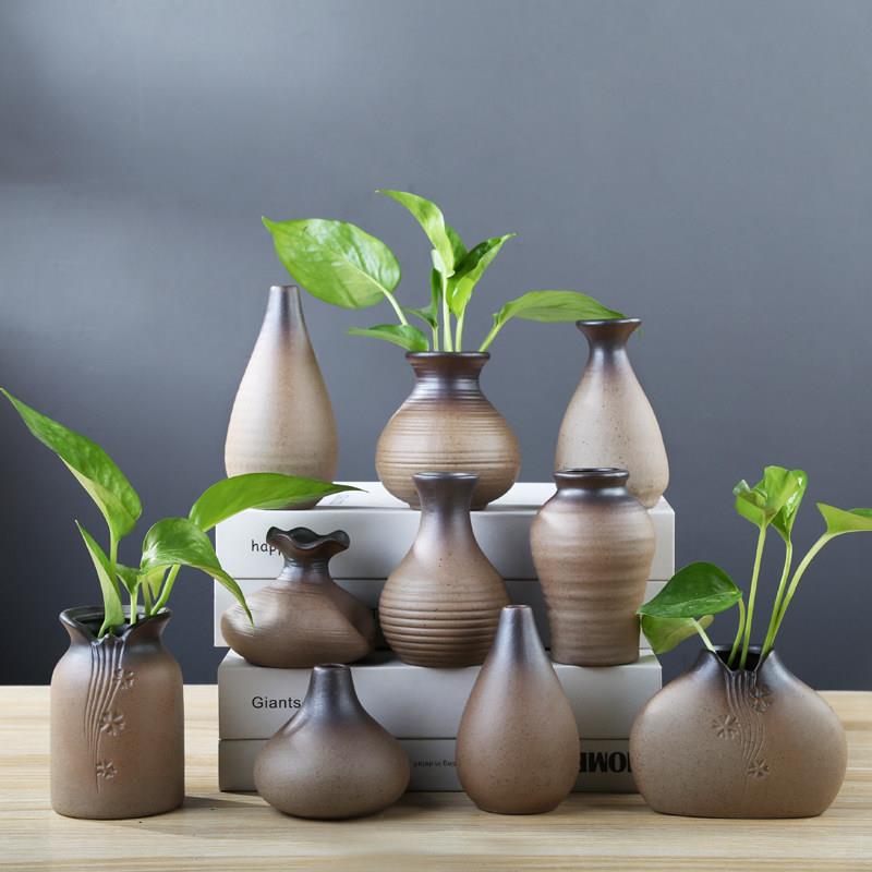 覆古粗陶花瓶禅意古朴客厅花插陶瓷小花器茶台摆件水培植物器皿