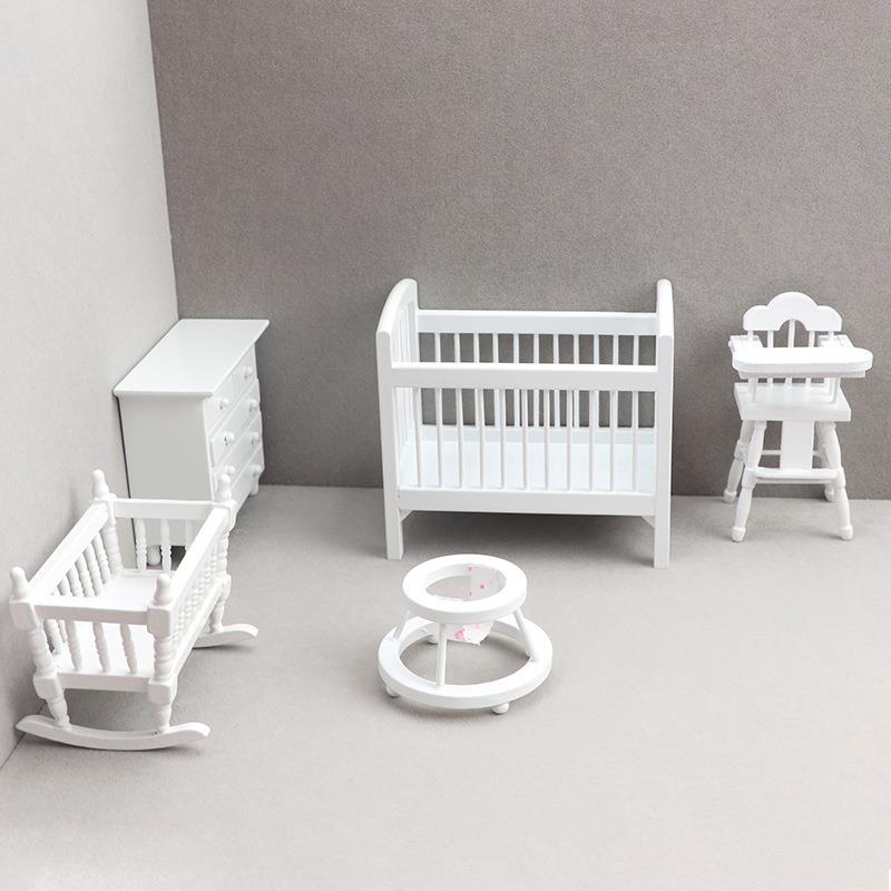 1:12娃娃屋dollhouse迷你家具微缩模型小屋儿童房场景白色5件套