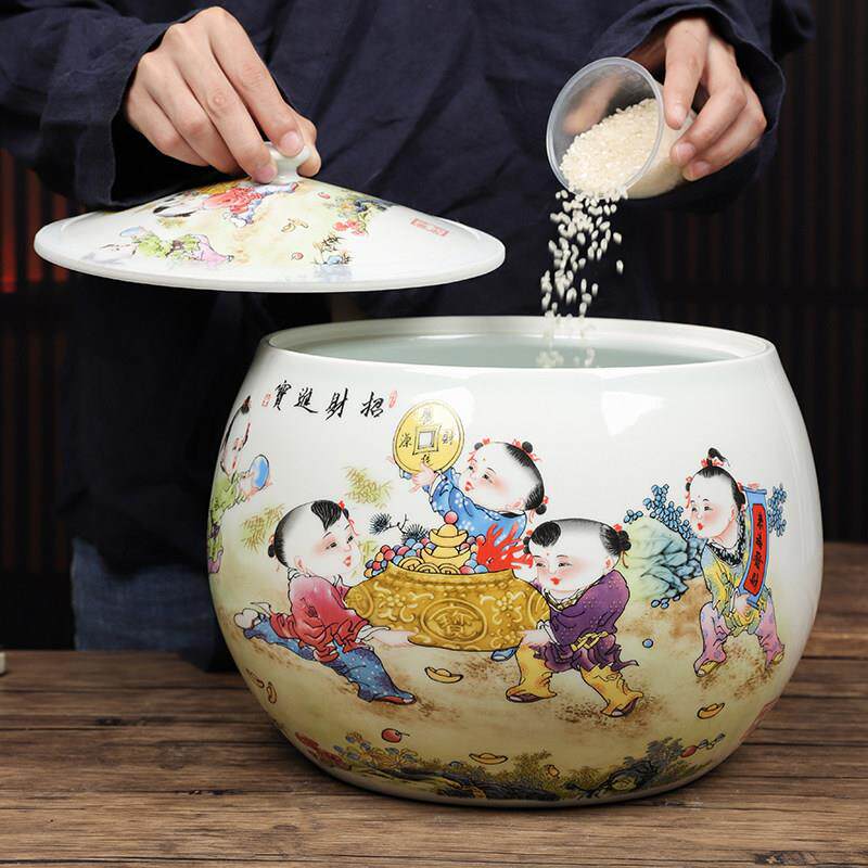 景德镇陶瓷米桶缸10斤20斤招财米缸带盖子面 面粉密封储米箱防潮