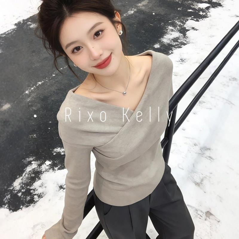 Rixo Kelly灰色不对称V领针织衫女春季新款长袖修身内搭打底上衣