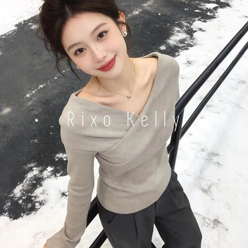 Rixo Kelly灰色不对称V领针织衫女春季新款长袖修身内搭打底上衣