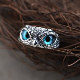 S925银复古恶魔之眼猫头鹰戒指创意夸张动物开口可调节指环