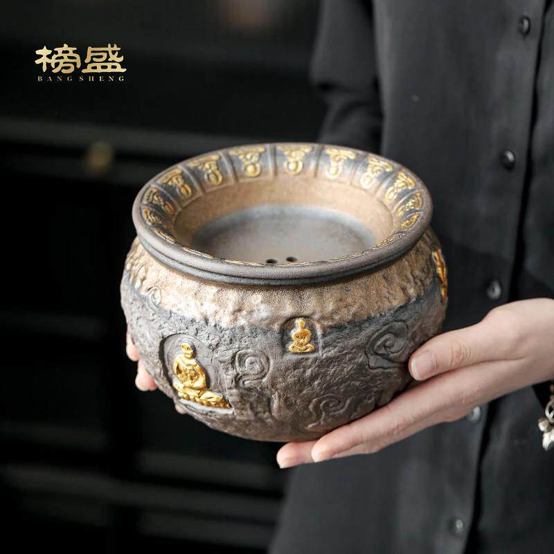 老岩泥敦煌茶渣缸茶洗建水手作复古粗陶茶盂水盂高档茶具茶道零配
