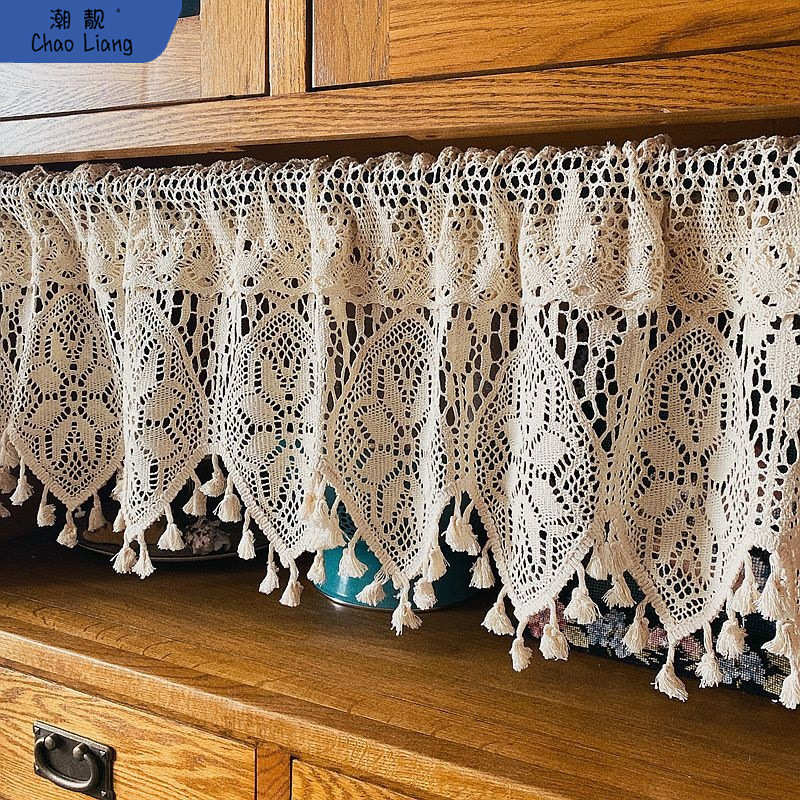 美式乡村钩针棉线半帘帘头穿杆帘门楣橱柜帘咖啡帘厨房短帘免包邮