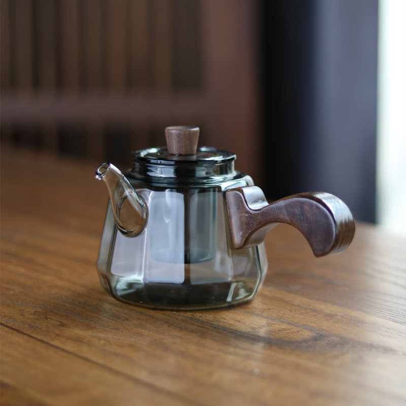 新款实木侧把泡茶壶多边平面耐热玻璃花茶壶中式功夫茶具单个茶壶