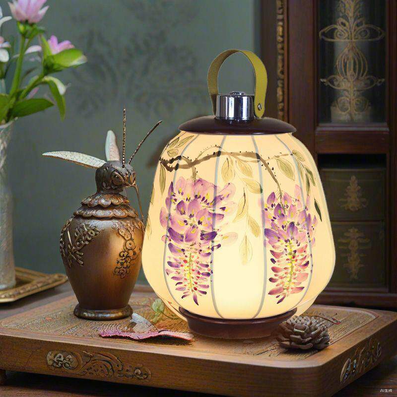 台灯复古充电式绘画花鸟图装饰手提台灯卧室客厅办公室书房落地灯