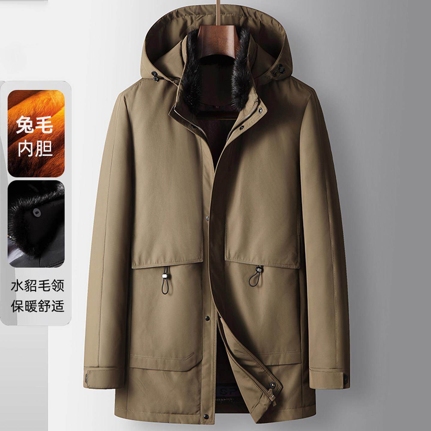 JOLNN高端派克羽绒服男式冬季中老年连帽中长款加厚毛领皮草外套