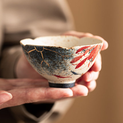 工厂青花火石红茶杯描金手绘荷韵鲤斗笠葵口杯主人杯品茗杯