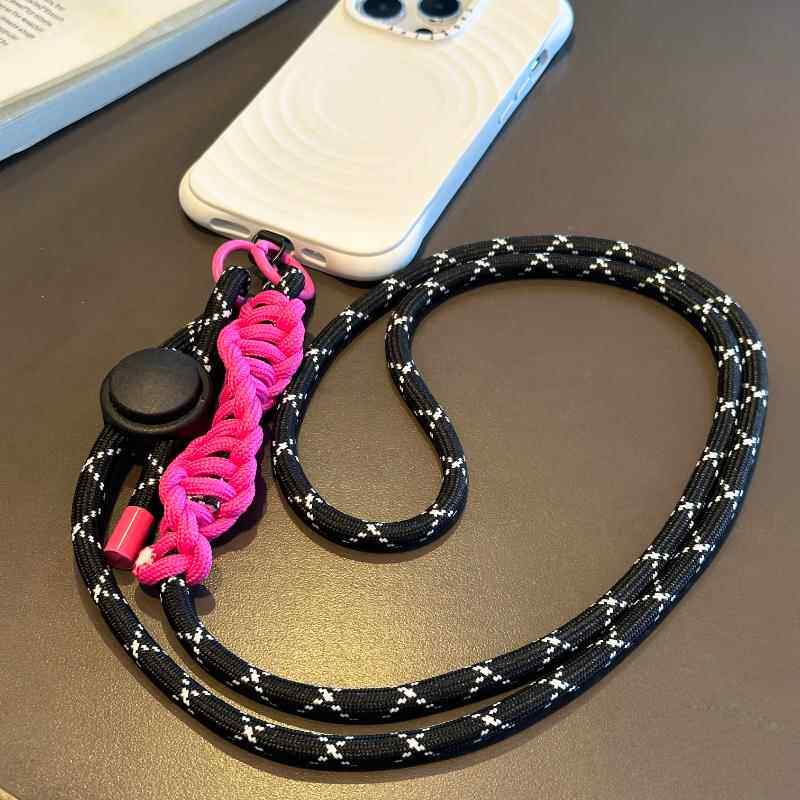 可调节加长手机挂绳斜挎肩背编织旋转头防摔撞色创意金属片手机链