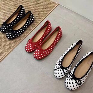女士一脚蹬浅口单鞋温柔可爱波点蝴蝶结平底芭蕾舞复古气质圆头鞋