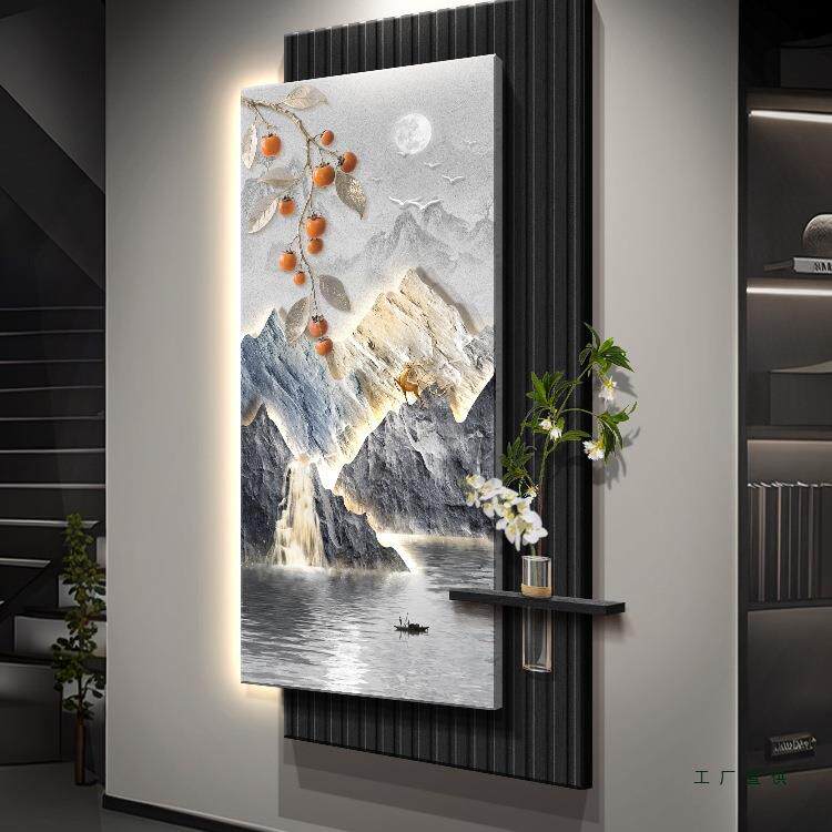 流水生财轻奢玄关装饰画水培绿植入户正对门挂画走廊过道尽山水画