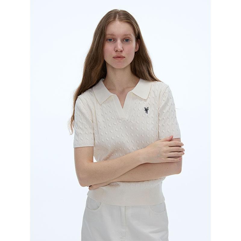 LINHOUSE夏新品白色麻花POLO衫薄毛衣显瘦休闲百搭针织衫上衣t女