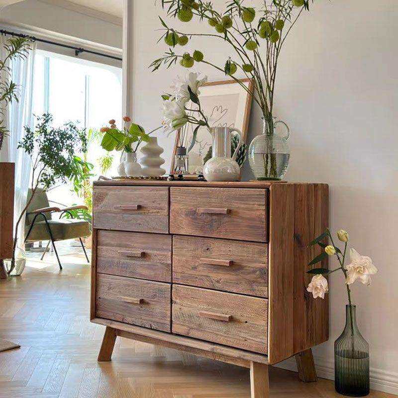 美式实木乡村六斗柜客厅全原木储物柜老松木餐边柜复古做旧玄关柜