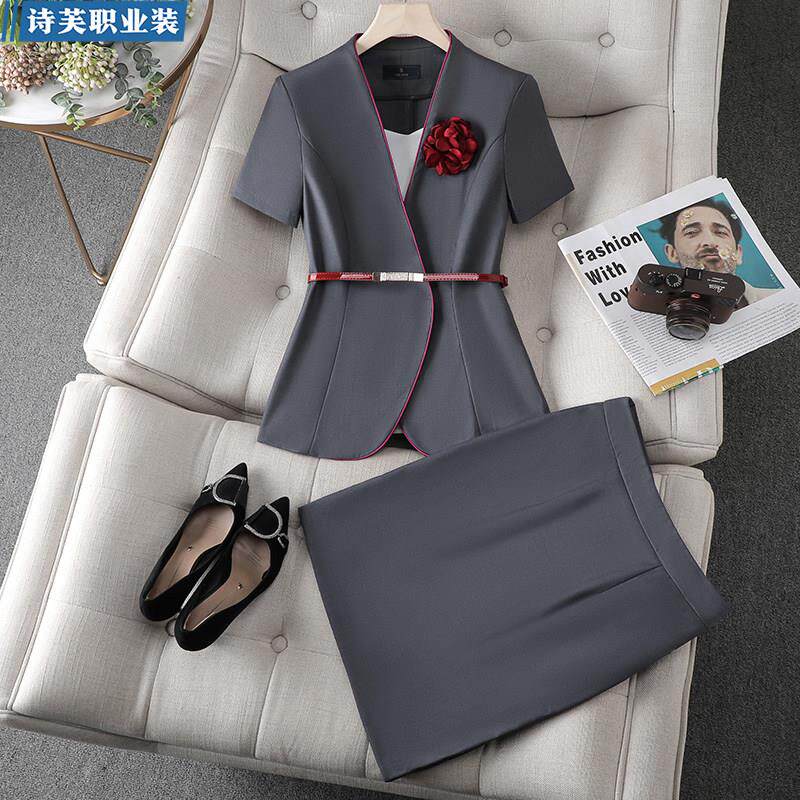 灰色酒店前台接待职业装套装女夏季高端空姐制服珠宝美容院工作服