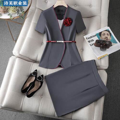 灰色酒店前台接待职业装套装女夏季高端空姐制服珠宝美容院工作服