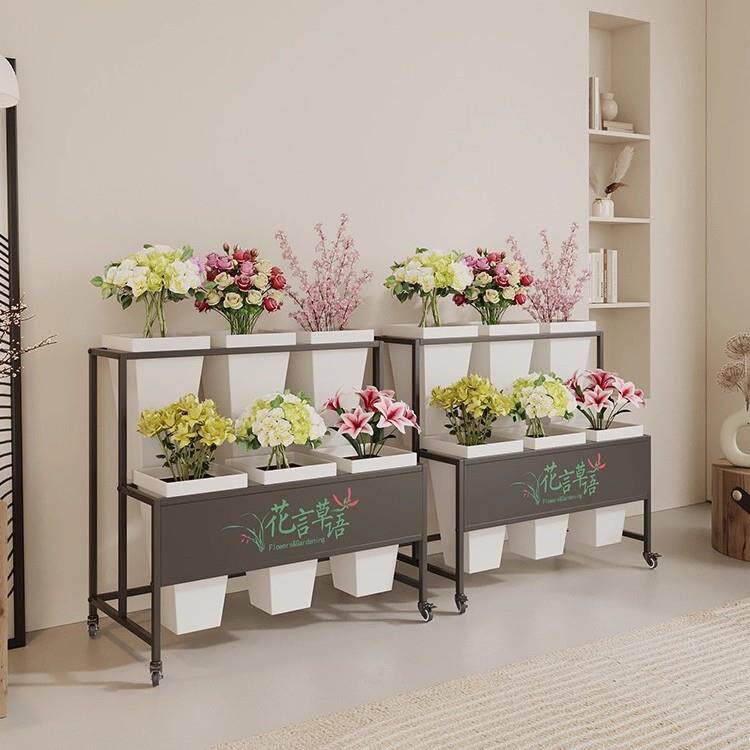 铁艺花架花店摆摊鲜花塑料花桶架室内外带轮可移动带广告牌花捅架