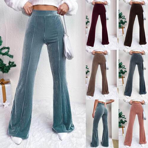 A pair of high-waisted  solid-colored corduroy flared pants